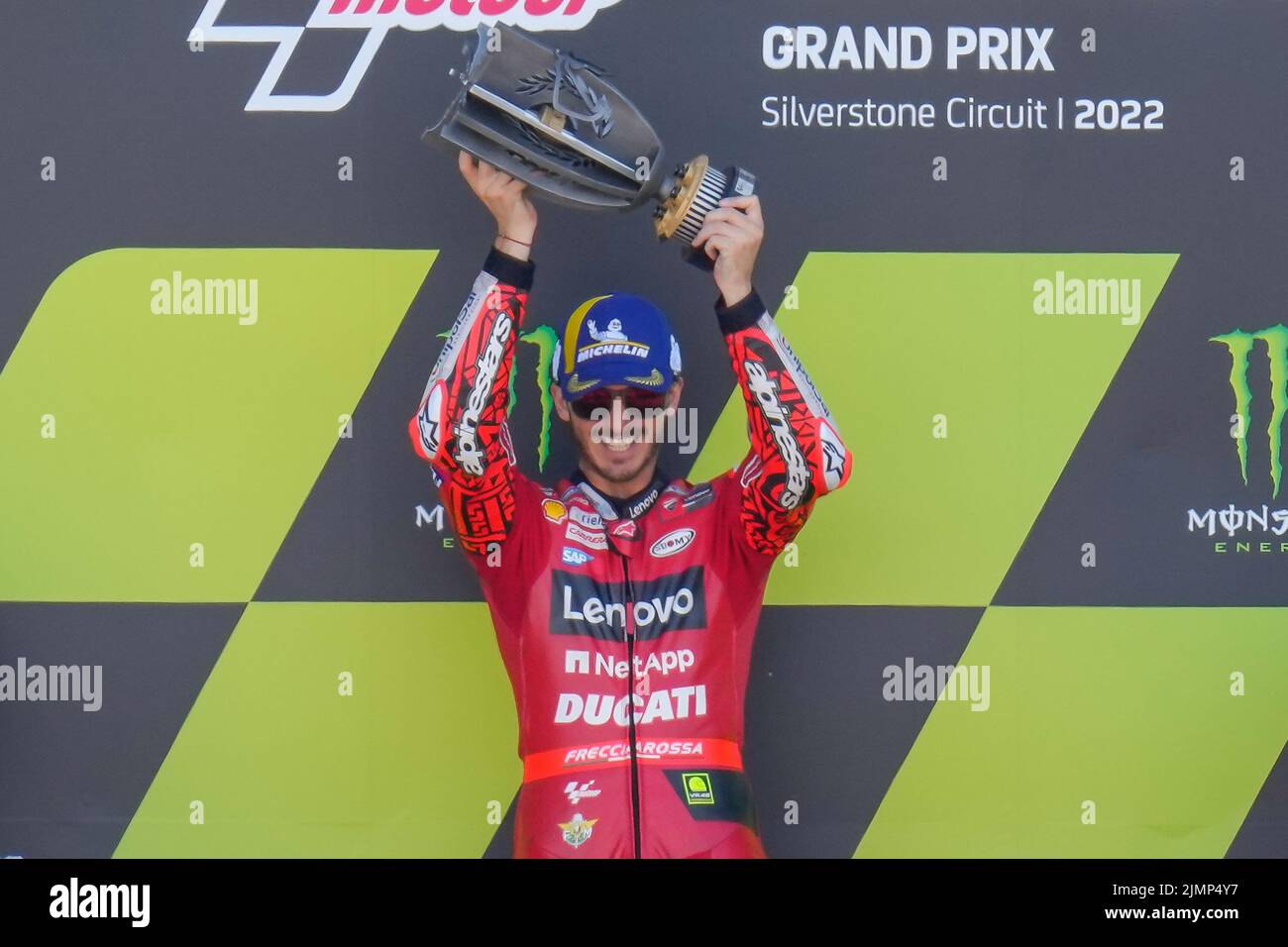 Towcester, UK. 07th Aug, 2022. Race winner Francesco BAGNAIA (Italy) of the Ducati Lenova Team on the podium after the 2022 Monster Energy Grand Prix MotoGP Warm Up at Silverstone Circuit, Towcester, England on the 7th August 2022. Photo by David Horn. Credit: PRiME Media Images/Alamy Live News Stock Photo