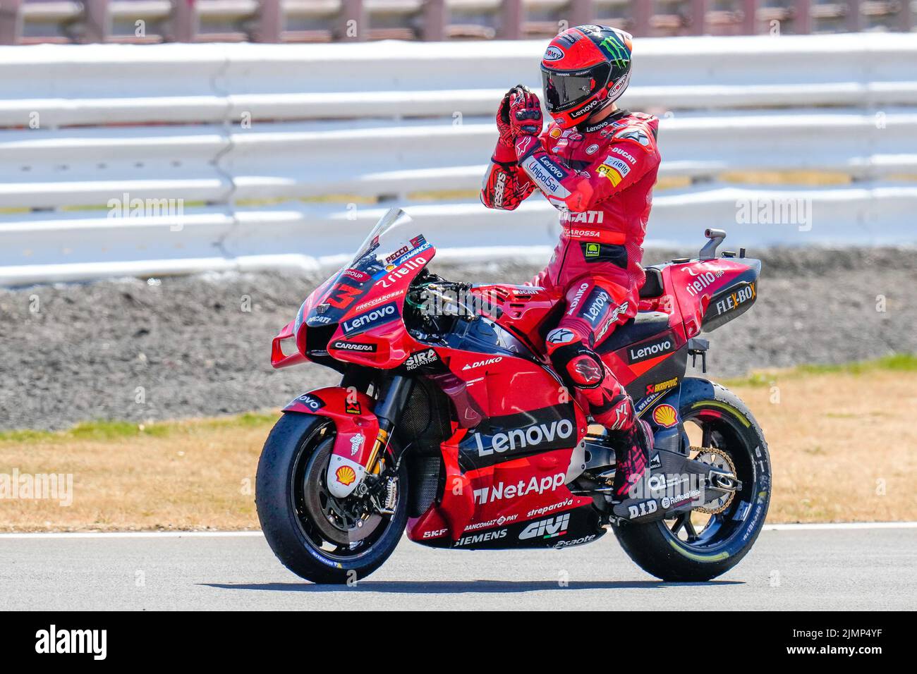 Towcester, UK. 07th Aug, 2022. Francesco BAGNAIA (Italy) of the Ducati Lenova Team celebrates after he wins the 2022 Monster Energy Grand Prix MotoGP Warm Up at Silverstone Circuit, Towcester, England on the 7th August 2022. Photo by David Horn. Credit: PRiME Media Images/Alamy Live News Stock Photo