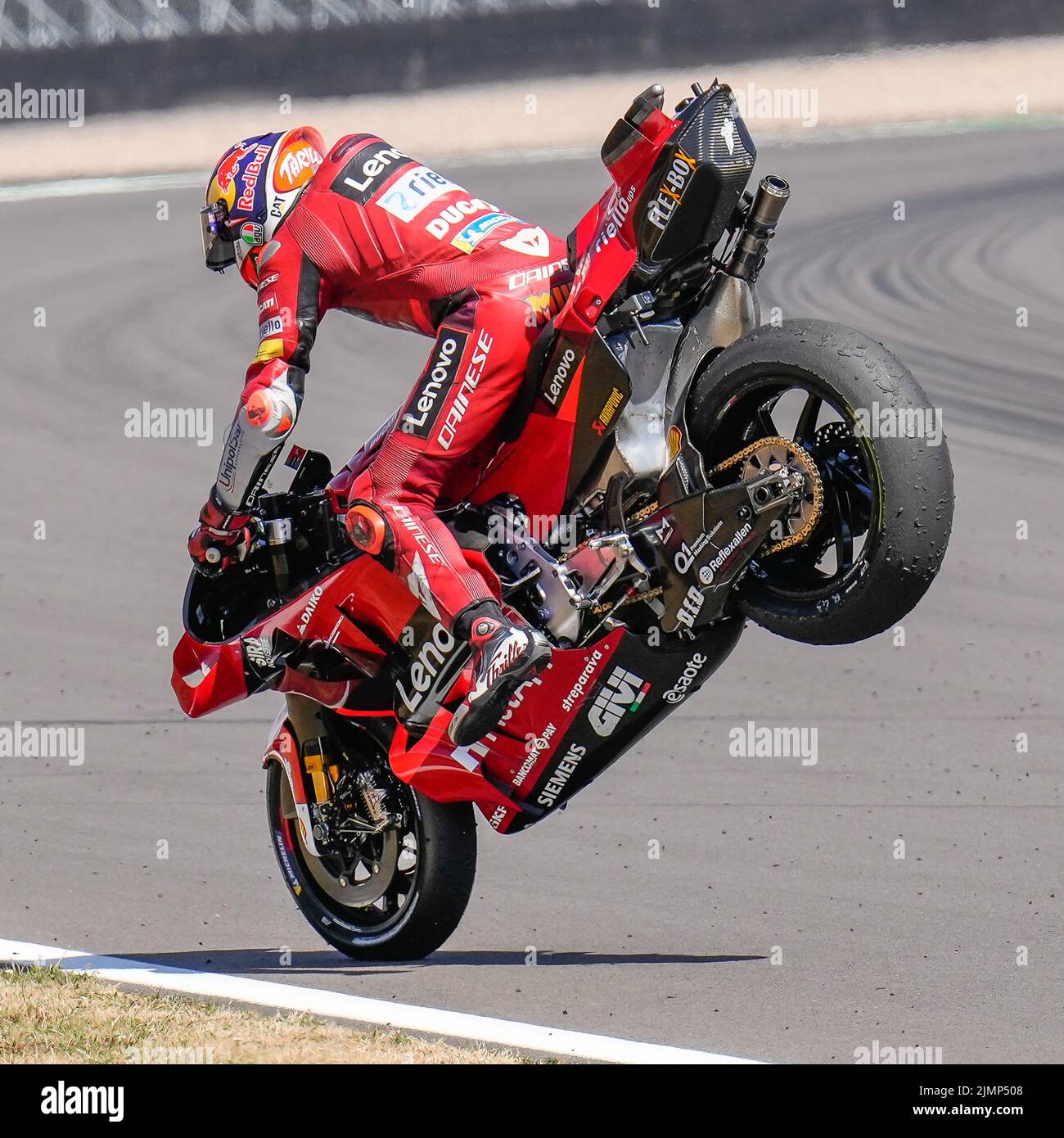 Towcester, UK. 07th Aug, 2022. Jack MILLER (Australia) of the Ducati Lenova Team celebrates after he finishes third in the 2022 Monster Energy Grand Prix MotoGP Warm Up at Silverstone Circuit, Towcester, England on the 7th August 2022. Photo by David Horn. Credit: PRiME Media Images/Alamy Live News Stock Photo
