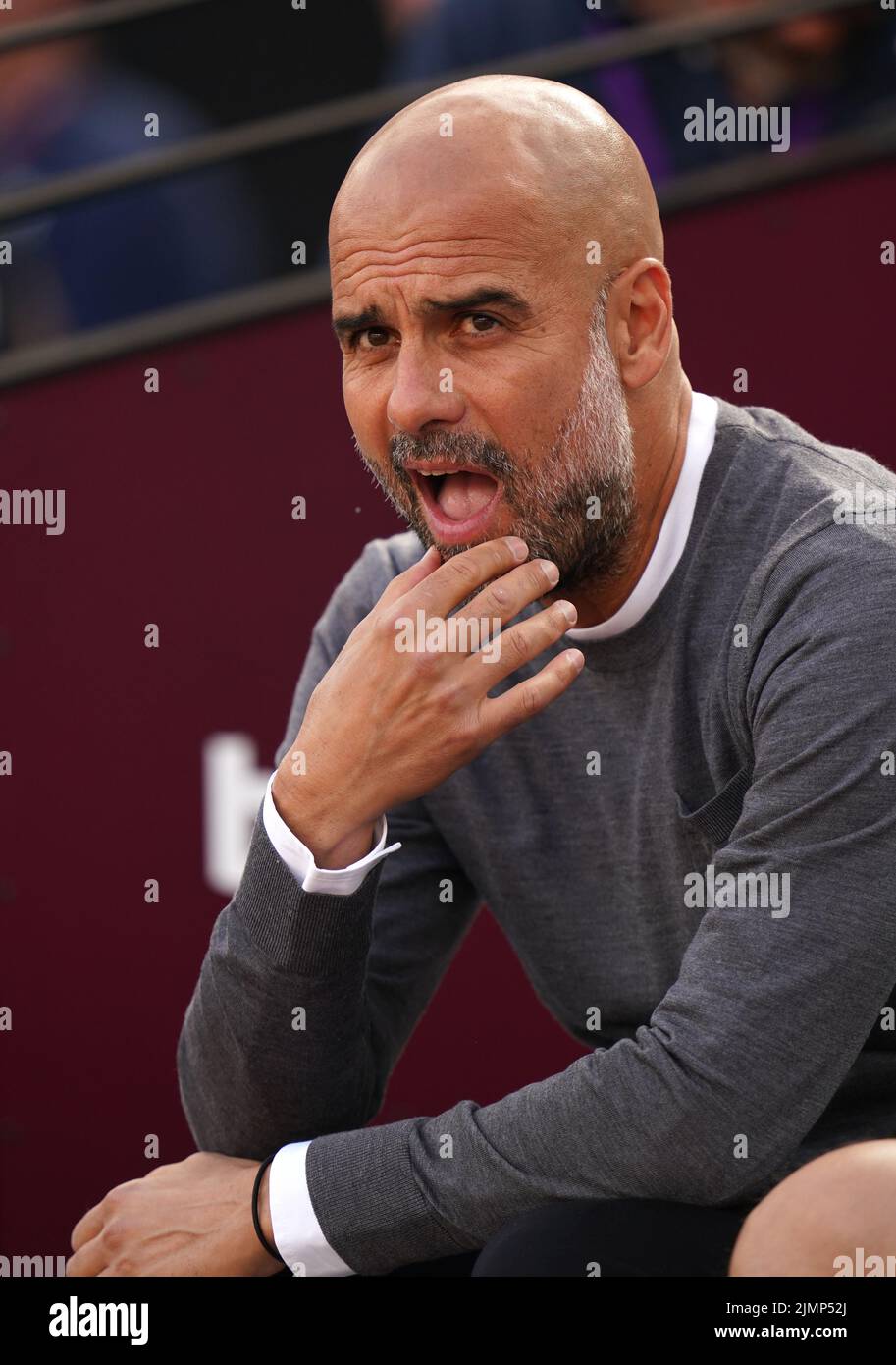 Manchester City manager Pep Guardiola during the Premier League match at London Stadium. Picture date: Sunday August 7, 2022. Stock Photo