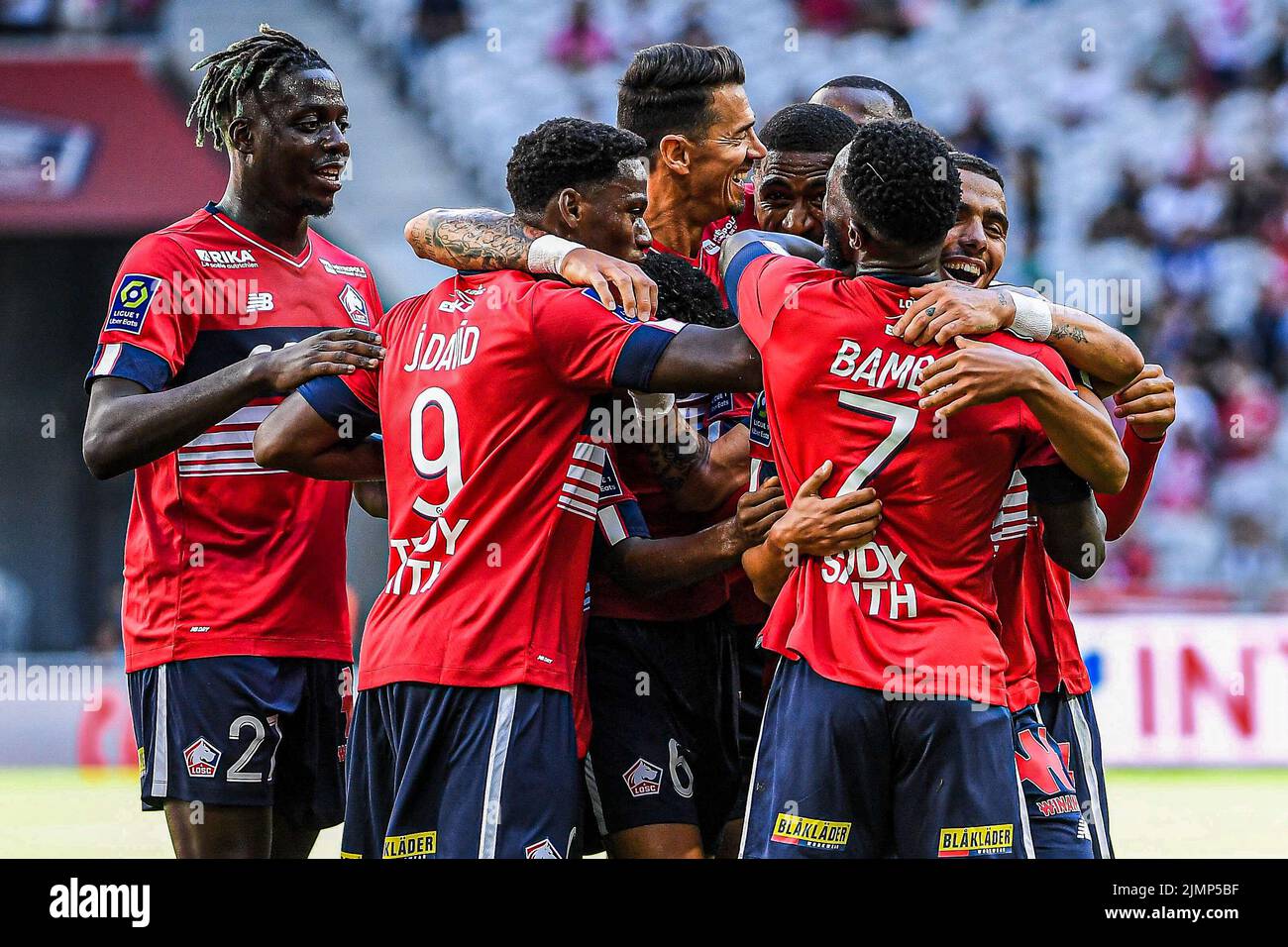 LILLE, FRANCE - AUGUST 7: Jonathan Bamba of Lille, Akim Zedadka of Lille, players of Lille celebrate a goal during the French Ligue 1 match between Lille and Auxerre at Stade Pierre Mauroy on August 7, 2022 in Lille, France (Photo by Matthieu Mirville/Orange Pictures) Stock Photo