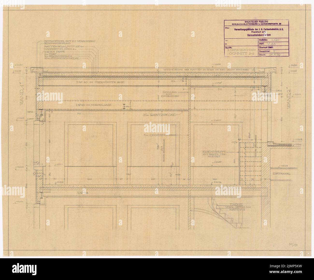 Poelzig Hans (1869-1936), I.G.-colors in Frankfurt/Main. Experimental laboratory (October 26, 1929): Cuts Z-Z and U-U in the 2nd of 1:20. Pencil on transparent, 54.5 x 66.3 cm (including scan edges) Poelzig Hans  (1869-1936): I.G.-Farben, Frankfurt/Main. Versuchslaboratorium Stock Photo