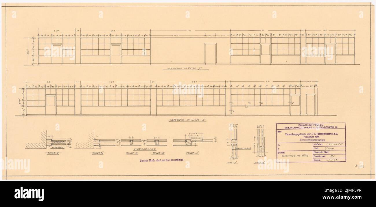 Poelzig Hans (1869-1936), I.G.-colors in Frankfurt/Main. Test laboratory (March 18, 1930): Glass walls on the ground floor 1:20, 1: 5. Pencil on transparent, 35.8 x 74.3 cm (including scan edges) Poelzig Hans  (1869-1936): I.G.-Farben, Frankfurt/Main. Versuchslaboratorium Stock Photo