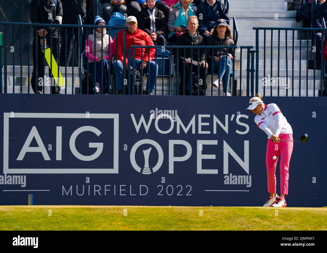 Gullane, Scotland, UK. 7th August 2022. Final  round of the AIG Women’s Open golf championship at Muirfield in East Lothian. Pic;  Ryann O’ Toole tees off at the first hole. Iain Masterton/Alamy Live News Stock Photo