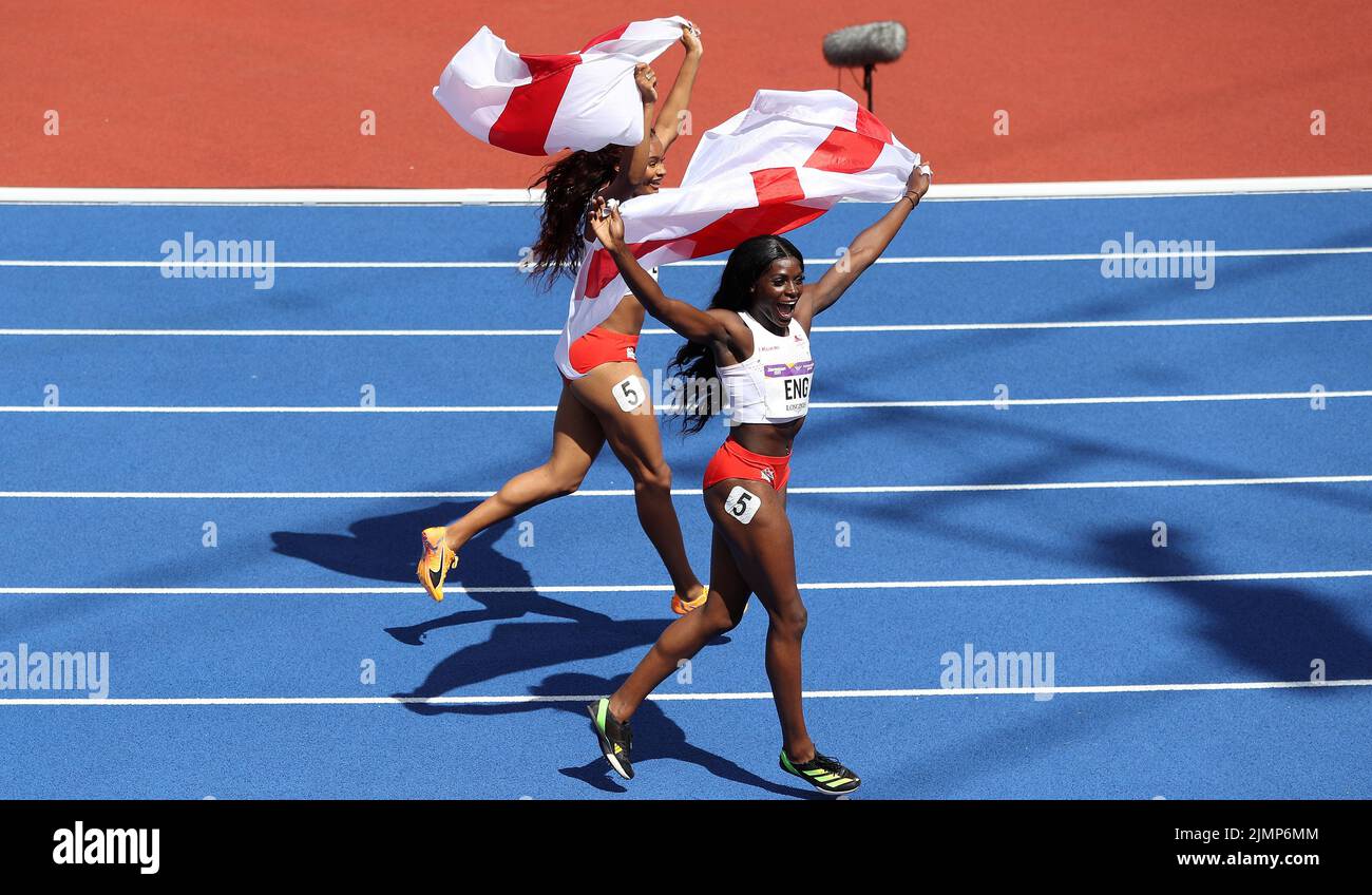 Birmingham, UK. 7th Aug, 2022. Daryll Neita of England celebrates after the Women's 4x100m relay during Day 10 of the Commonwealth Games at Alexander Stadium, Birmingham. Picture credit should read: Paul Terry Credit: Paul Terry Photo/Alamy Live News Stock Photo