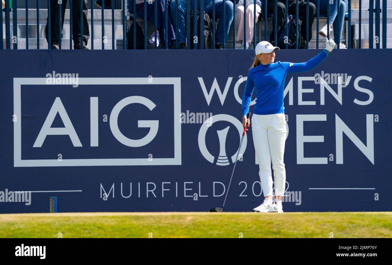 Gullane, Scotland, UK. 7th August 2022. Final  round of the AIG Women’s Open golf championship at Muirfield in East Lothian. Pic; Louise Duncan of Scotland waves to spectators on the first tee. Iain Masterton/Alamy Live News Stock Photo