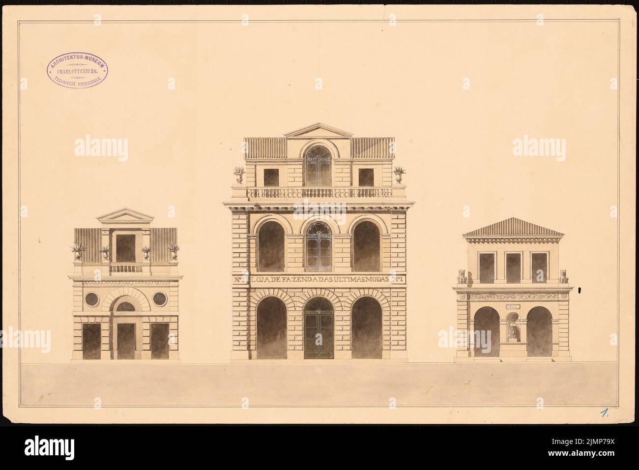 Grandjean de Montigny Auguste (1776-1850), house facades (1842): View. Tusche watercolor, white heighted on the cardboard, 31.5 x 47.2 cm (including scan edges) Grandjean de Montigny Auguste  (1776-1850): Wohnhausfassaden, Rio (?) Stock Photo