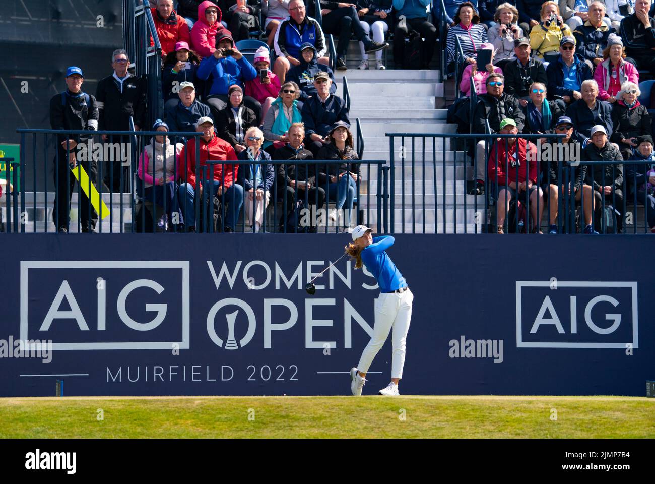 Gullane, Scotland, UK. 7th August 2022. Final  round of the AIG Women’s Open golf championship at Muirfield in East Lothian. Pic; Louise Duncan of Scotland drives off the first tee. Iain Masterton/Alamy Live News Stock Photo