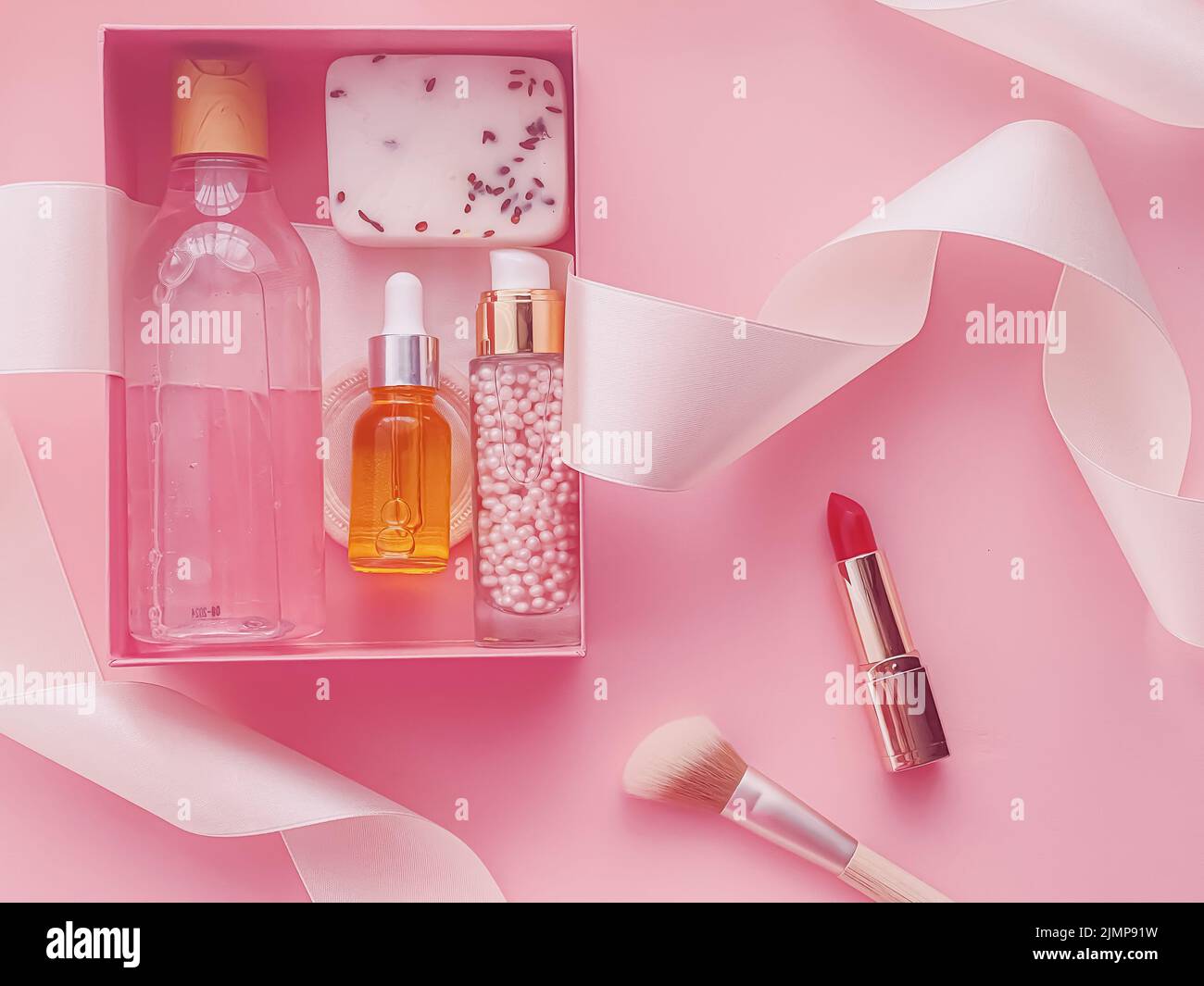 Beauty box subscription package with skincare, spa and makeup cosmetic products on pink background, flatlay design, natural cosm Stock Photo