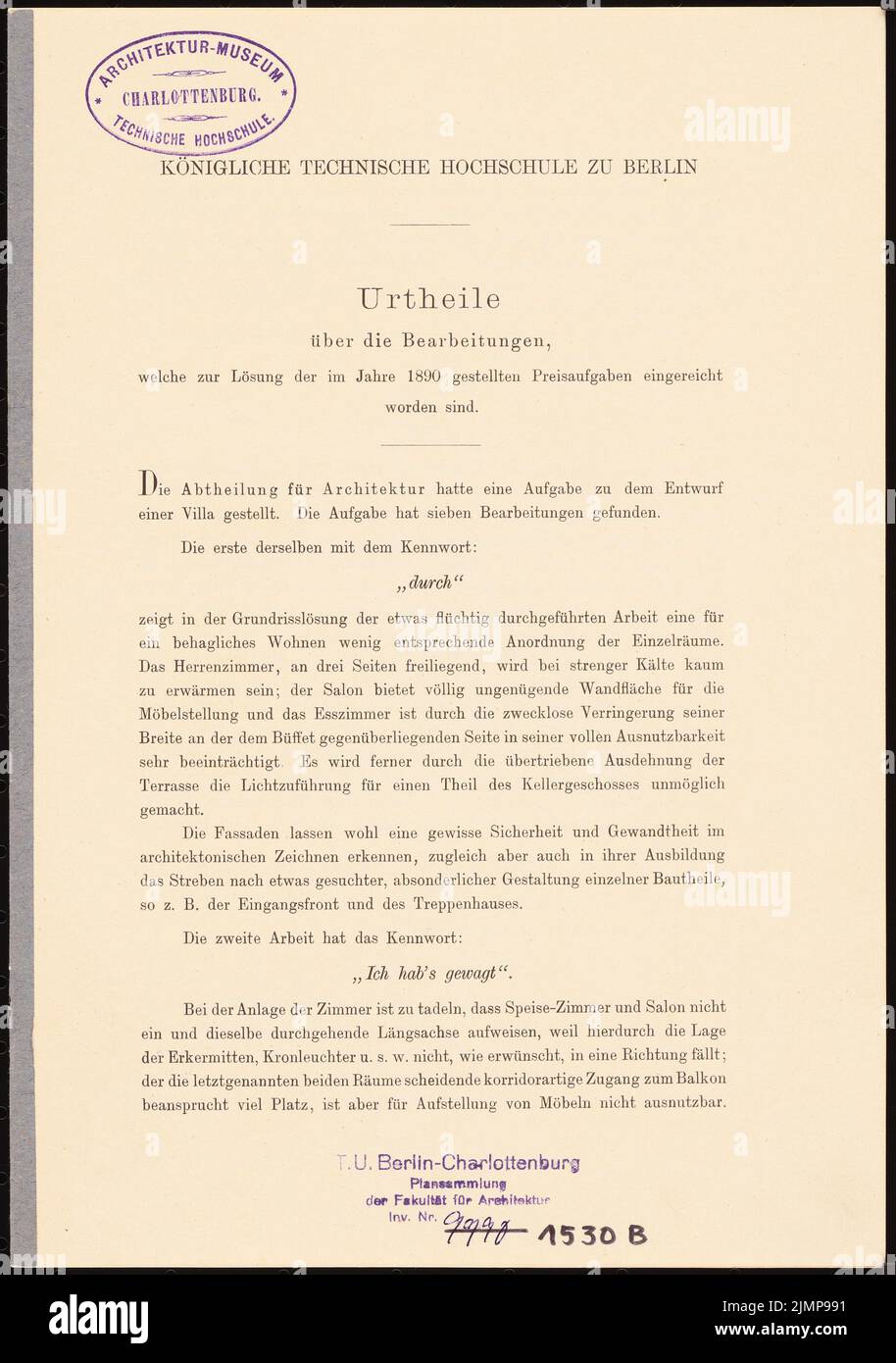 Goebel Erich (died 1867), Villa (1890-1890): judgments of the KTH in Berlin on the processing of the price tasks, 15 p Goebel Erich  (geb. 1867): Villa Stock Photo