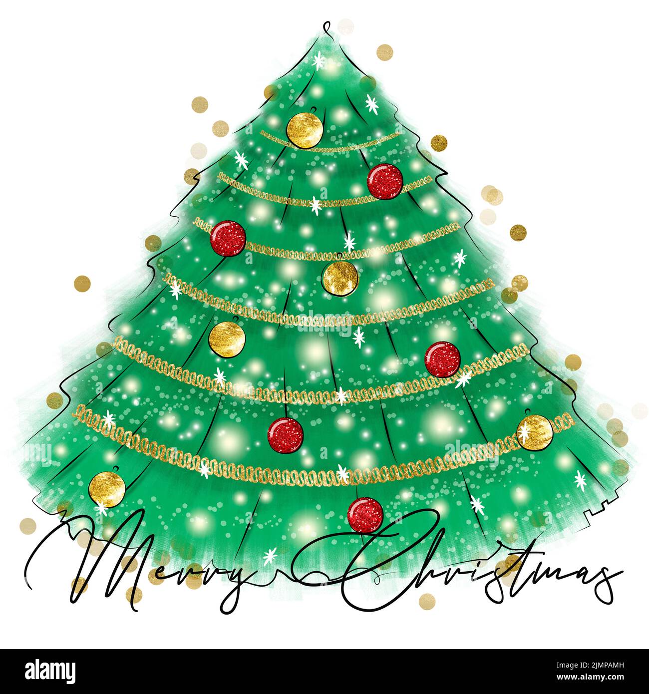 Merry Christmas tree with balls and garland. Stock illustration Stock ...