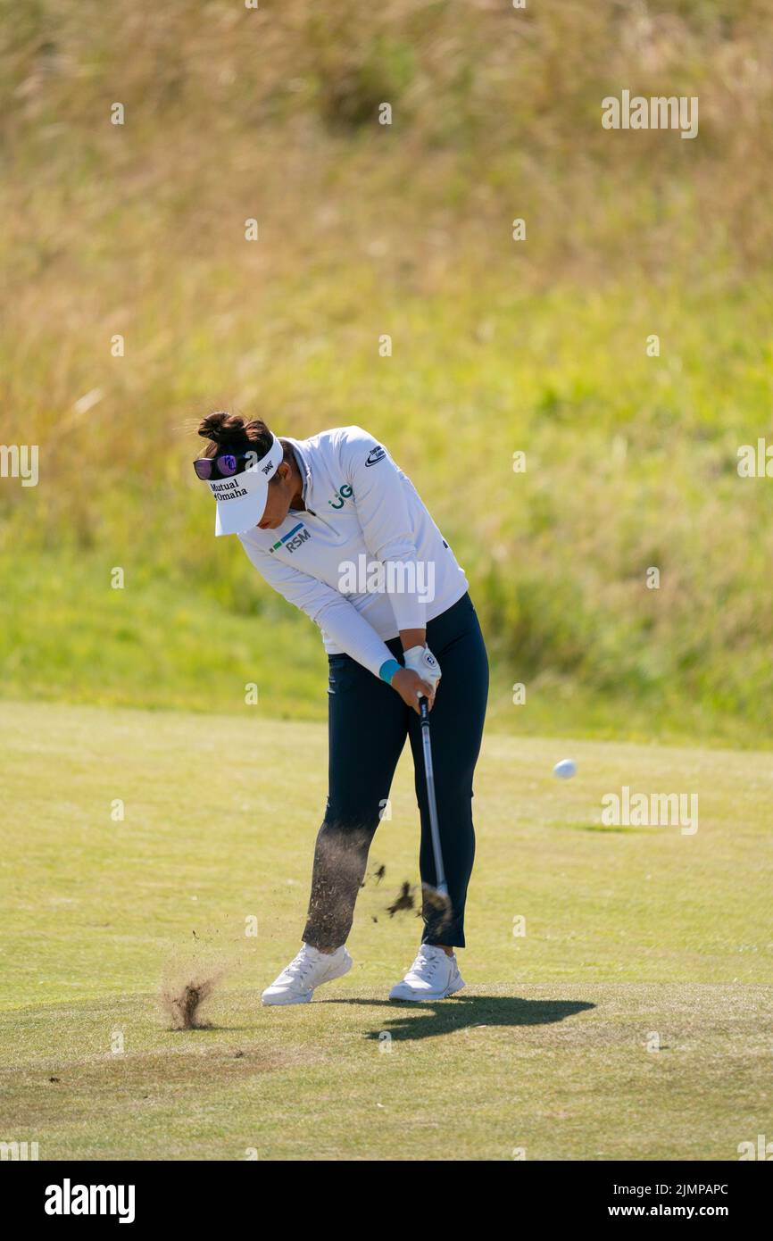 Gullane, Scotland, UK. 7th August 2022. Final  round of the AIG Women’s Open golf championship at Muirfield in East Lothian. Pic; Megan Khang plays approach to the second hole.   Iain Masterton/Alamy Live News Stock Photo