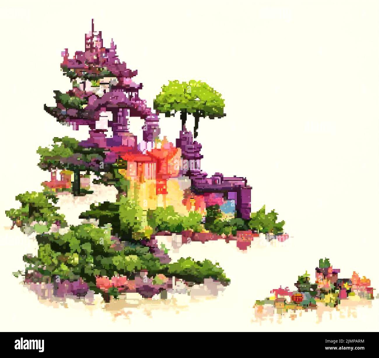 A digital illustration of pixel art of forest and bonsai trees on the