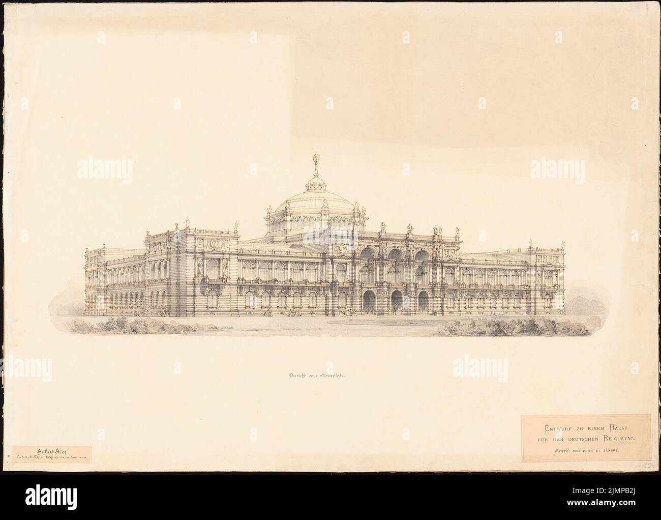Bull Hubert (1838-1907), Reichstag, Berlin. Second competition (1882): Perspective view from the Alsenplatz. Tusche, pencil watercolor on the box, 61.8 x 86.2 cm (including scan edges) Stier d. Ä. Hubert  (1838-1907): Reichstag, Berlin. Zweiter Wettbewerb Stock Photo