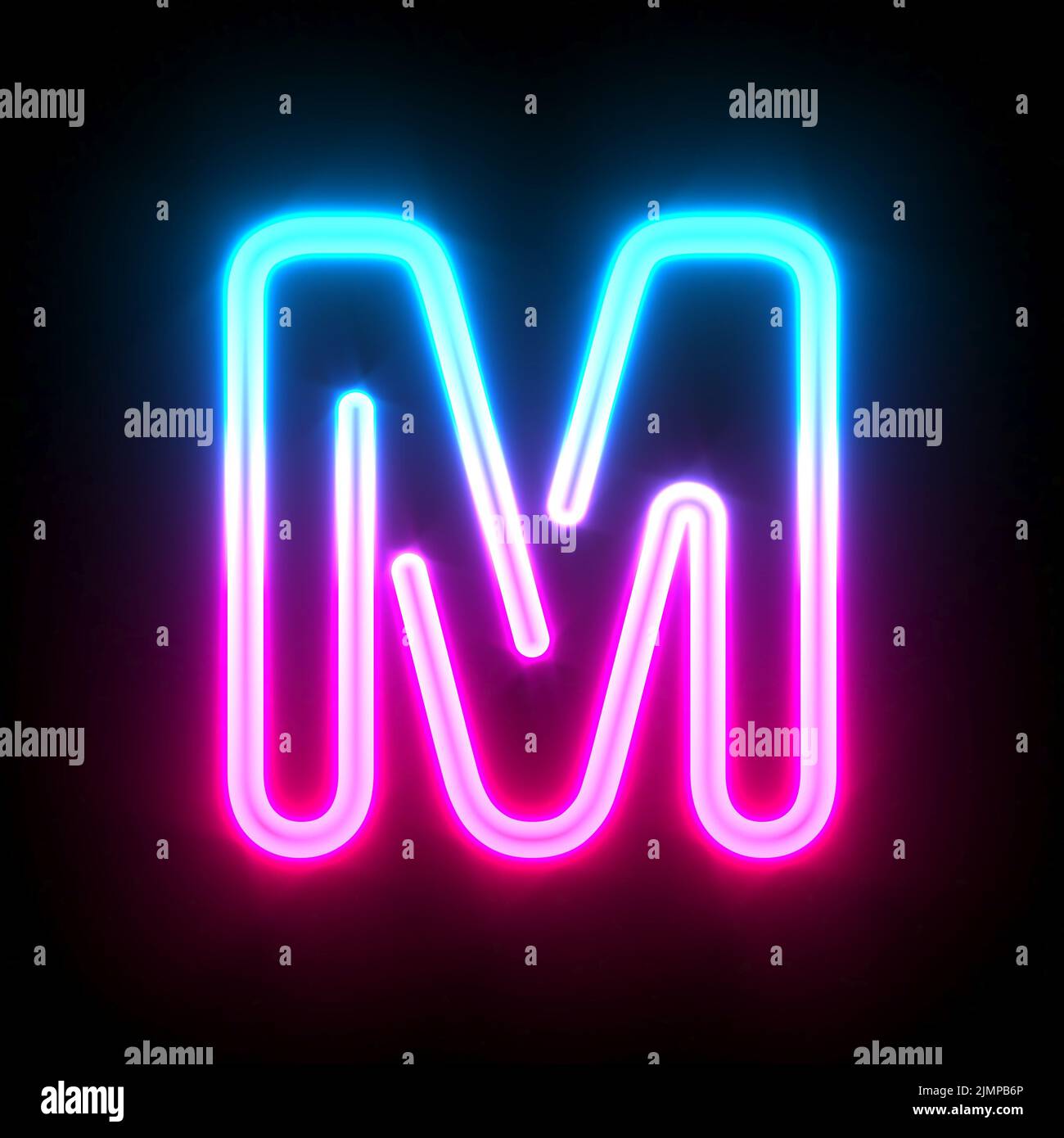 Blue pink glowing neon tube font Letter M 3D Stock Photo
