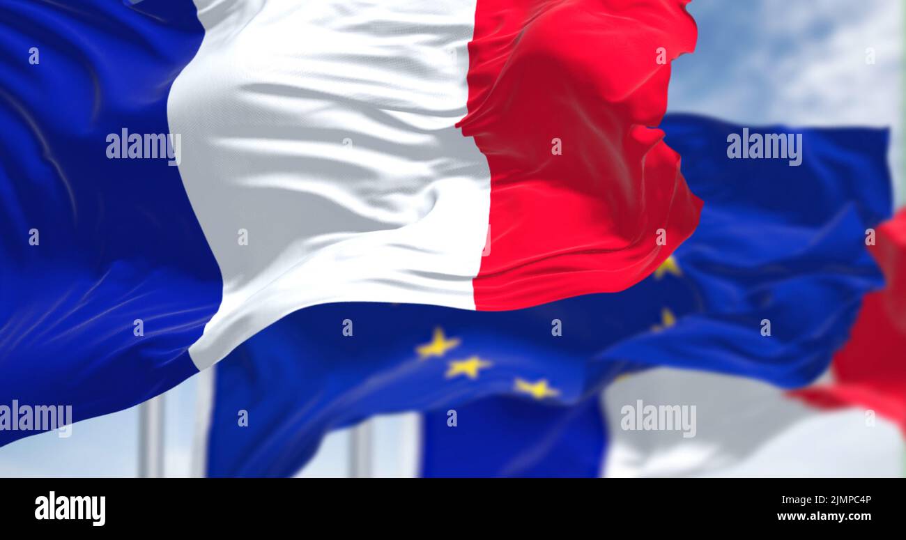 Detail of the national flag of France waving in the wind with blurred ...