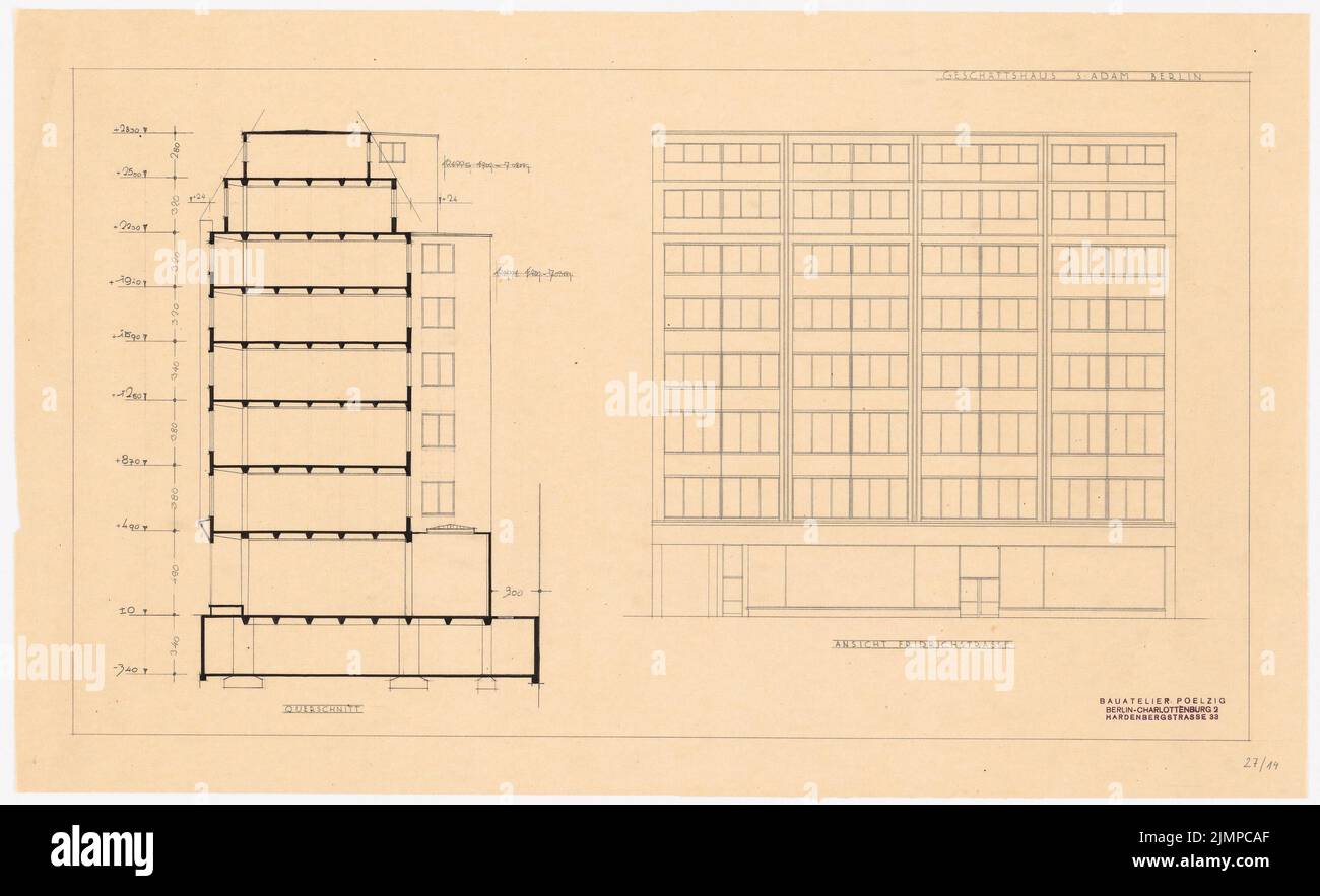 Poelzig Hans (1869-1936), S. Adam, Leipziger Straße/ Friedrichstraße, Berlin (10.10.1928): cross section, view Friedrichstr. (Variant). Pencil, ink on transparent, 46.5 x 76.3 cm (including scan edges) Poelzig Hans  (1869-1936): Geschäftshaus S. Adam, Leipziger Straße/ Friedrichstraße, Berlin Stock Photo