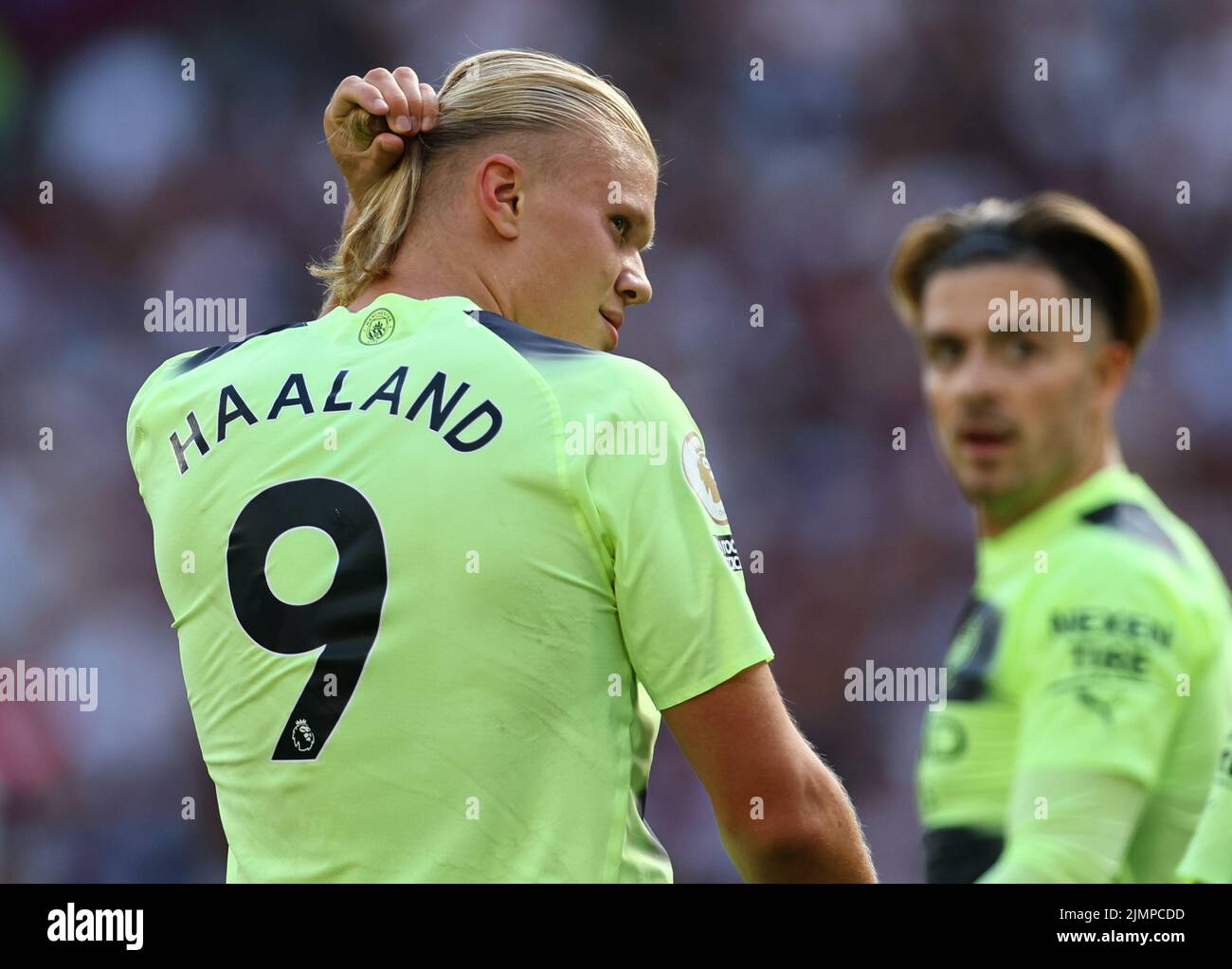 London, UK. 7th Aug, 2022. Erling Haland of Manchester City adjusts his hair after scoring the first goal during the Premier League match at the London Stadium, London. Picture credit should read: David Klein/Sportimage Credit: Sportimage/Alamy Live News Stock Photo
