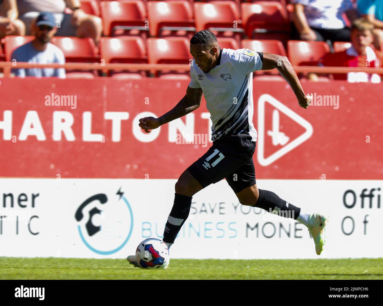 Derby County’s Nathaniel Mendez-Laing in action during the Sky Bet League One match at The Valley, London. Picture date: Saturday August 6, 2022. Stock Photo