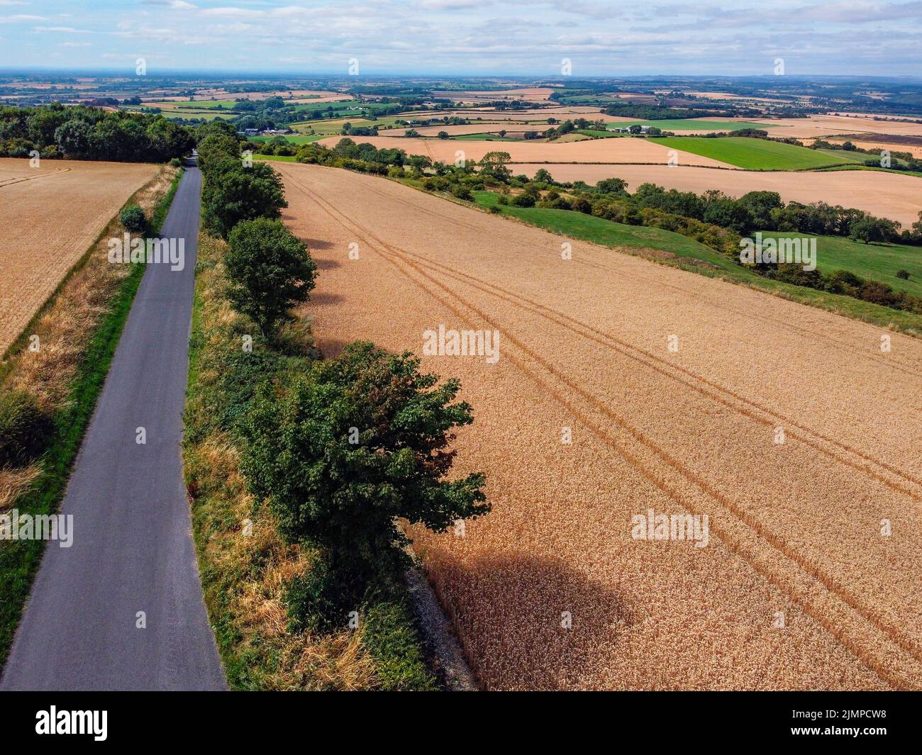 Aerial view over farmland in North Yorkshire, England. Stock Photo