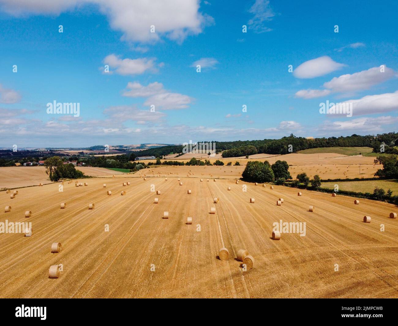 Aerial view over farmland in North Yorkshire, England. Stock Photo