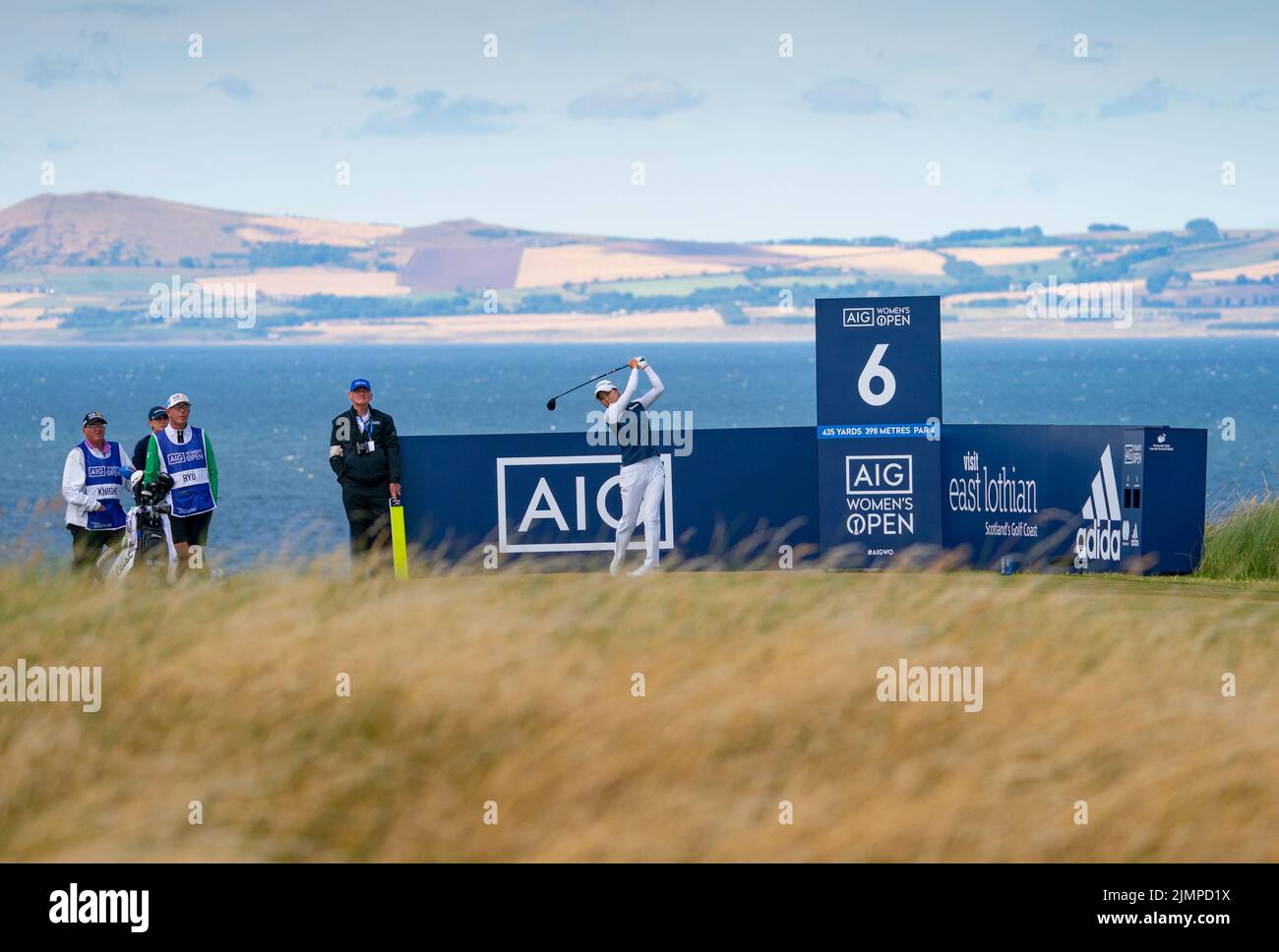 Gullane, Scotland, UK. 7th August 2022. Final  round of the AIG Women’s Open golf championship at Muirfield in East Lothian. Pic;  Soyeon Ryu tees off on the Sixth hole. Iain Masterton/Alamy Live News Stock Photo