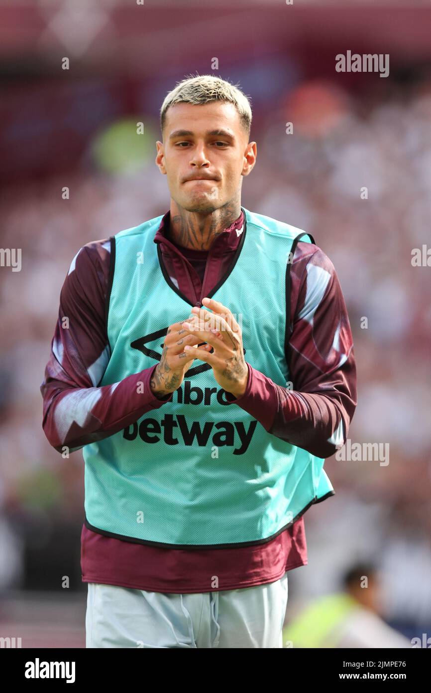 London, UK. 07th Aug, 2022. Gianluca Scamacca of West Ham United greets the home supporters during the Premier League match between West Ham United and Manchester City at the London Stadium, Queen Elizabeth Olympic Park, London, England on 7 August 2022. Photo by Ken Sparks. Editorial use only, license required for commercial use. No use in betting, games or a single club/league/player publications. Credit: UK Sports Pics Ltd/Alamy Live News Stock Photo