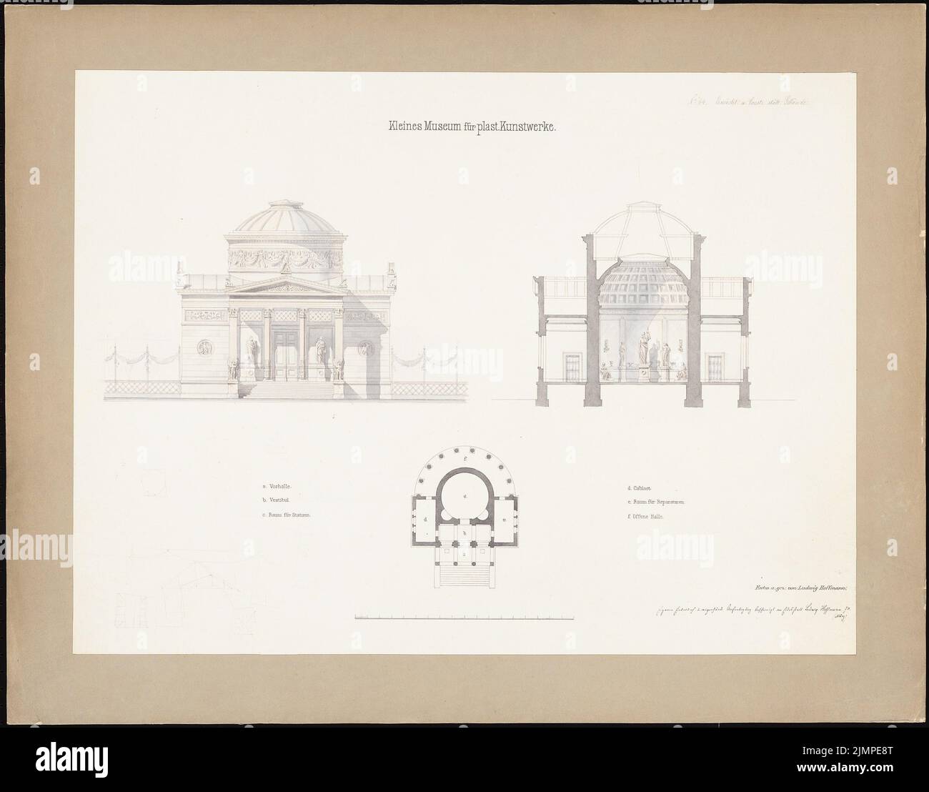 Hoffmann Ludwig (1852-1932), Small Museum of Plastic works of art (03.1878): View, floor plan, cut. Ink, pencil watercolor on the box, 60 x 76.6 cm (including scan edges) Hoffmann Ludwig  (1852-1932): Kleines Museum für plastische Kunstwerke Stock Photo