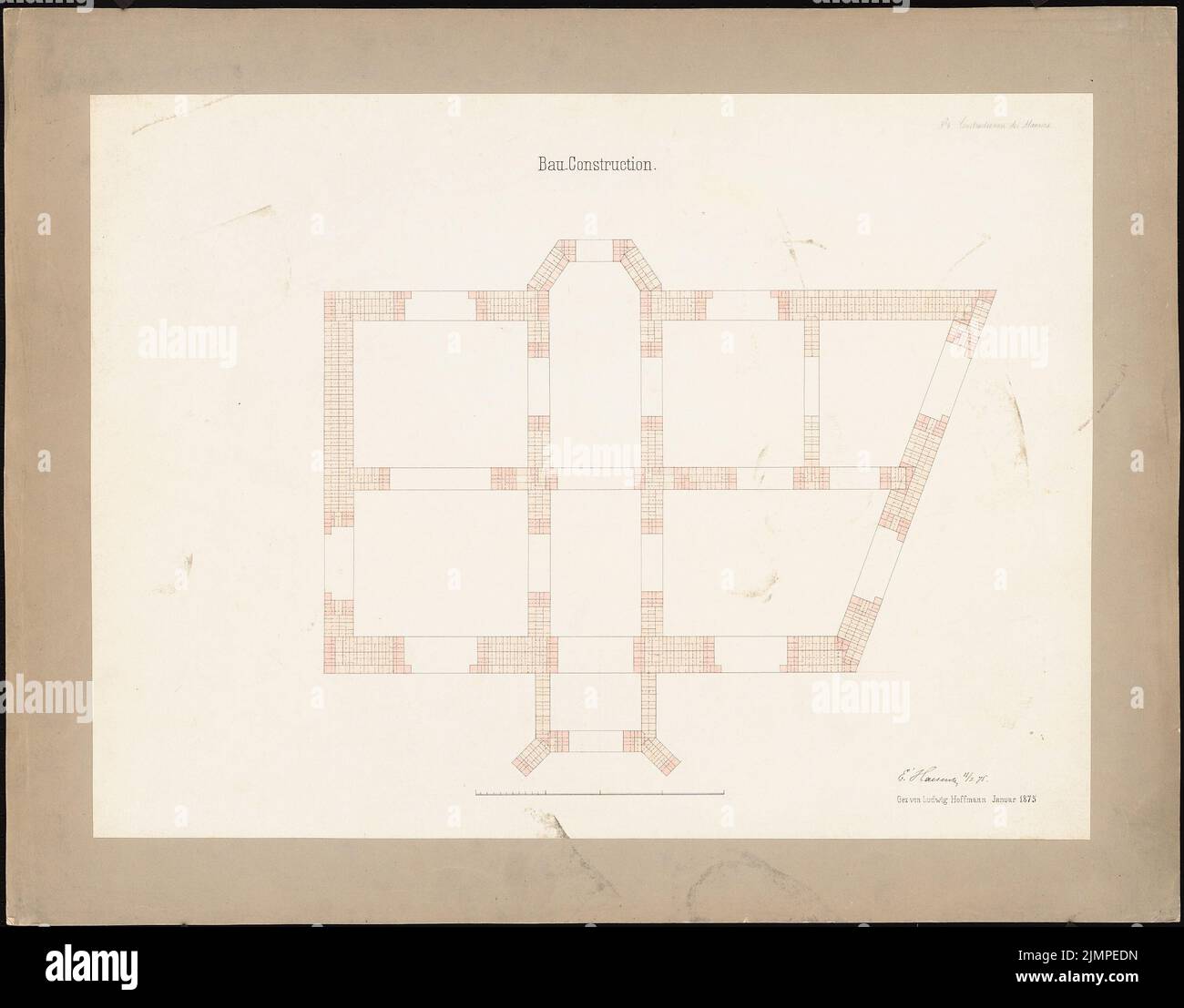 Hoffmann Ludwig (1852-1932), construction construction (01.1875): floor plan. Tusche watercolor on the box, 60 x 76.6 cm (including scan edges) Hoffmann Ludwig  (1852-1932): Baukonstruktion Stock Photo