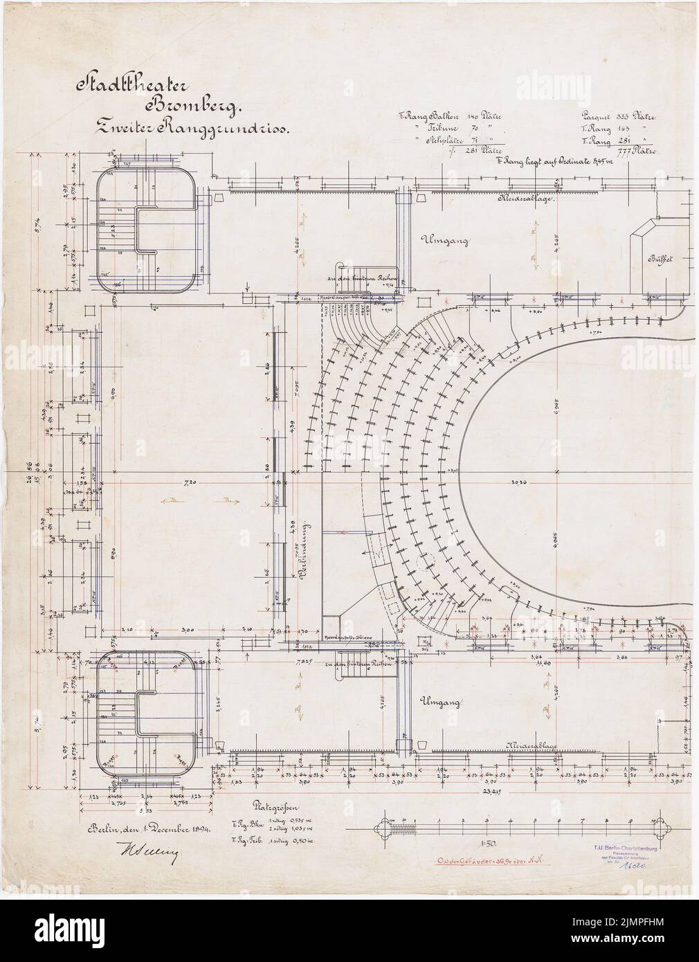Seeling Heinrich (1852-1932), city theater in Bromberg (1894): Floor plan 2nd place and spectators. Ink, ink colored on linen, 75.1 x 58.4 cm (including scan edges) Seeling Heinrich  (1852-1932): Stadttheater, Bromberg Stock Photo