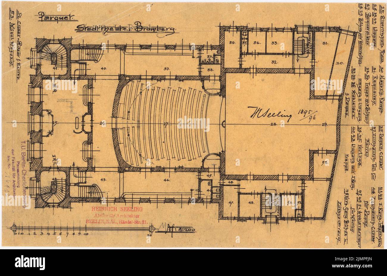 Seeling Heinrich (1852-1932), city theater in Bromberg (1894): Floor plan parquet. Ink on transparent, 19.5 x 30.2 cm (including scan edges) Seeling Heinrich  (1852-1932): Stadttheater, Bromberg Stock Photo
