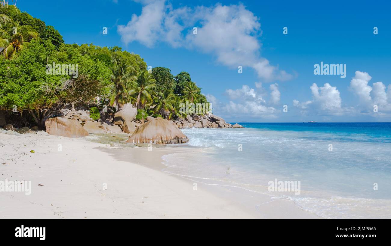 Anse Patates beach, La Digue Island, Seyshelles, white beach with blue