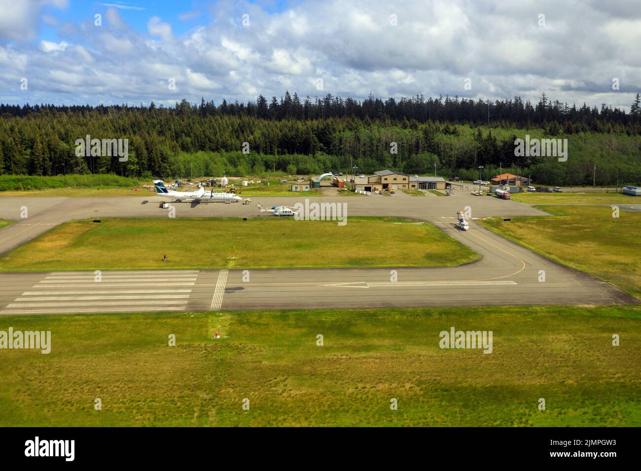 Masset, British Columbia, Canada - June 3, 2022: An aerial view of the runway tarmac of the remote Masset airport located in Haida Gwaii, British Colu Stock Photo