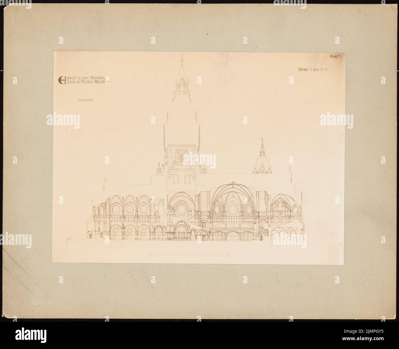 Seeling Heinrich (1852-1932), Garrisonskirche in Dresden-Albertstadt (1893): longitudinal section. Photo on cardboard, 24.9 x 30.9 cm (including scan edges) Seeling Heinrich  (1852-1932): Garnisonskirche, Dresden-Albertstadt Stock Photo