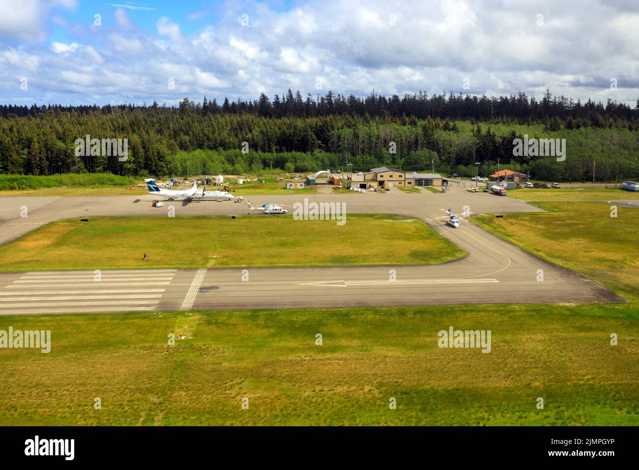 Masset, British Columbia, Canada June 3, 2022 An aerial view of the runway tarmac of the