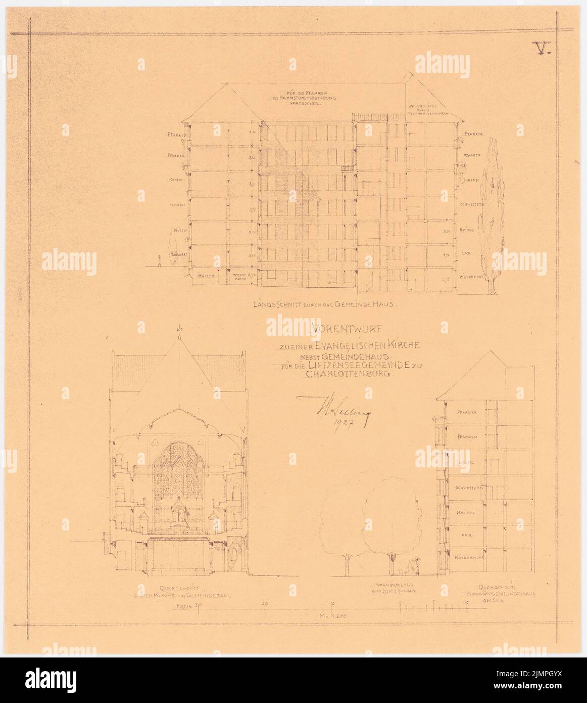 Seeling Heinrich (1852-1932), Evangelical Church on Lietzensee, Berlin-Charlottenburg (1927): cross-section and longitudinal section of the parish hall, cross-section of the church, 1: 200. Light break on paper, 48.6 x 43.5 cm (including scan edges) Seeling Heinrich  (1852-1932): Evangelische Kirche am Lietzensee, Berlin-Charlottenburg Stock Photo