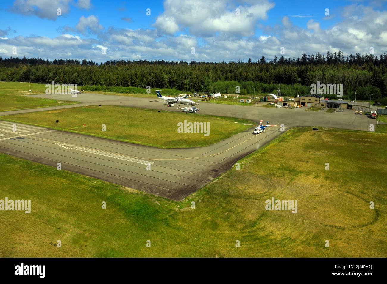 Masset, British Columbia, Canada June 3, 2022 An aerial view of the runway tarmac of the