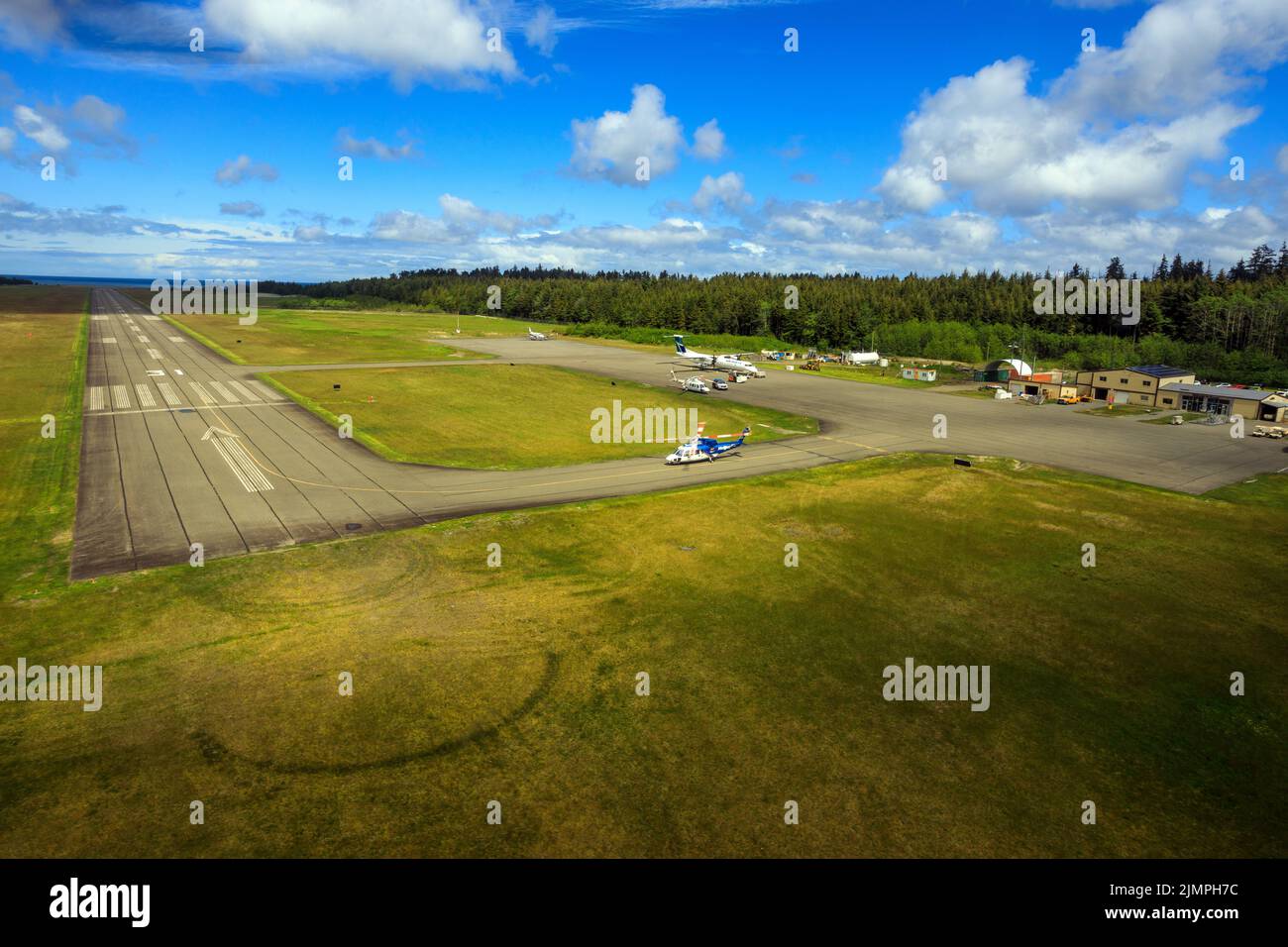Masset, British Columbia, Canada June 3, 2022 An aerial view of the runway tarmac of the