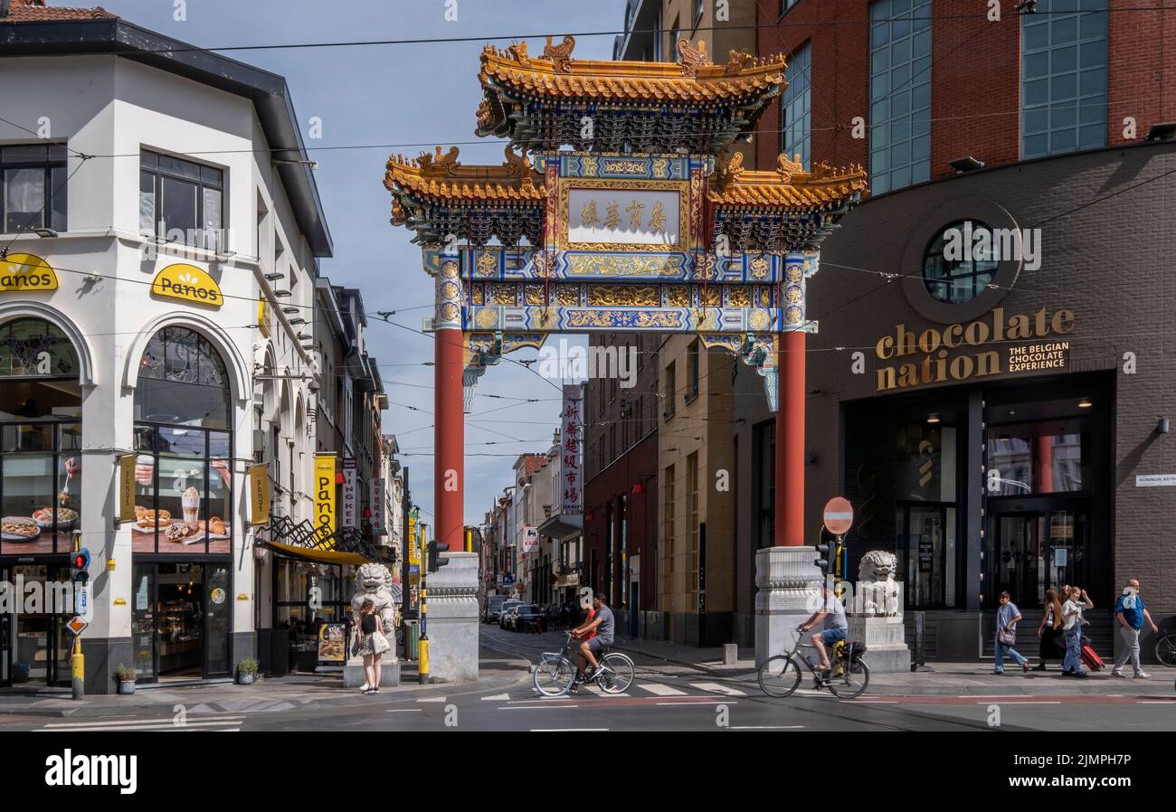 A pagoda gate marks the entrance to China Town in the 'Van Wesenbekestraat' in Antwerp. Stock Photo
