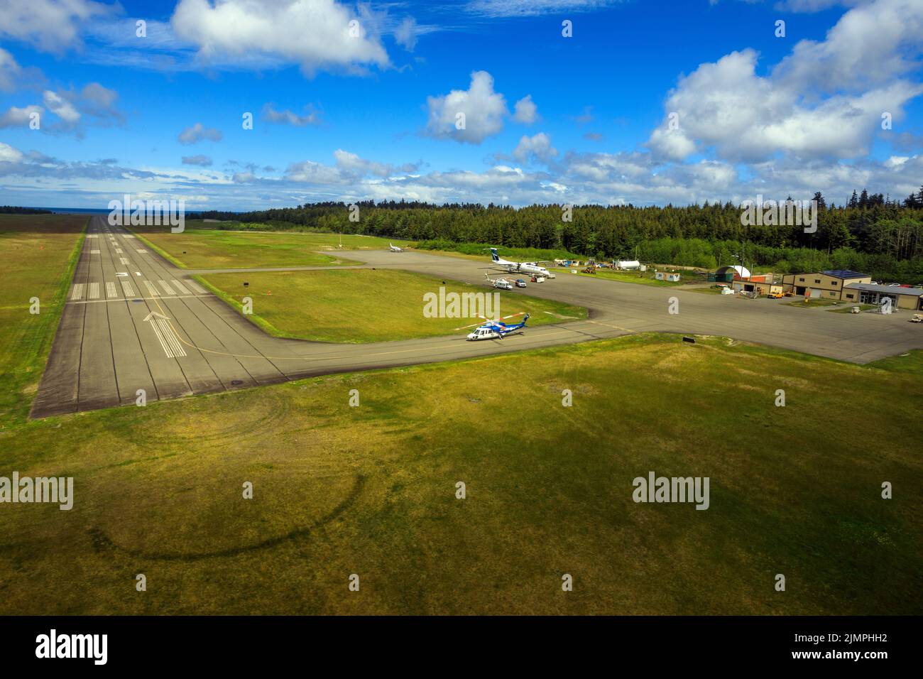 Masset, British Columbia, Canada June 3, 2022 An aerial view of the runway tarmac of the