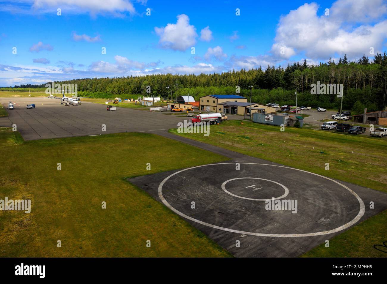 Masset, British Columbia, Canada June 3, 2022 An aerial view of the runway tarmac of the