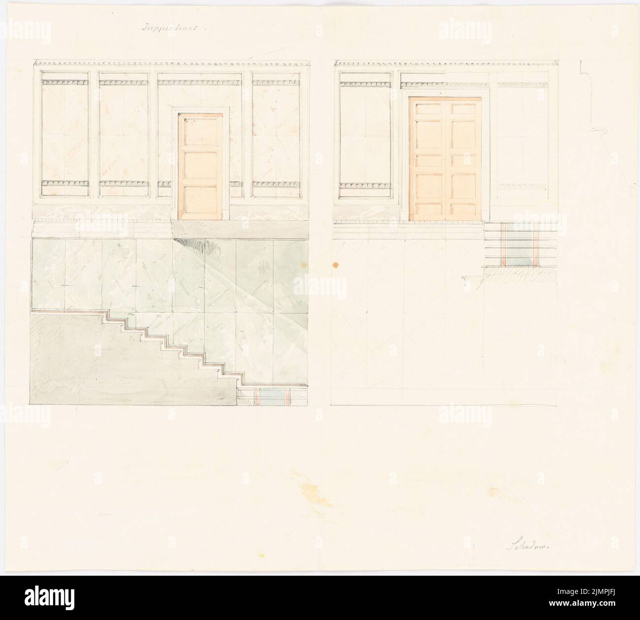 Schadow Albert (1797-1869), wall of a staircase (without date): cuts. Pencil watercolored on paper, 39.6 x 44 cm (including scan edges) Schadow Albert Dietrich  (1797-1869): Wand eines Treppenhauses Stock Photo