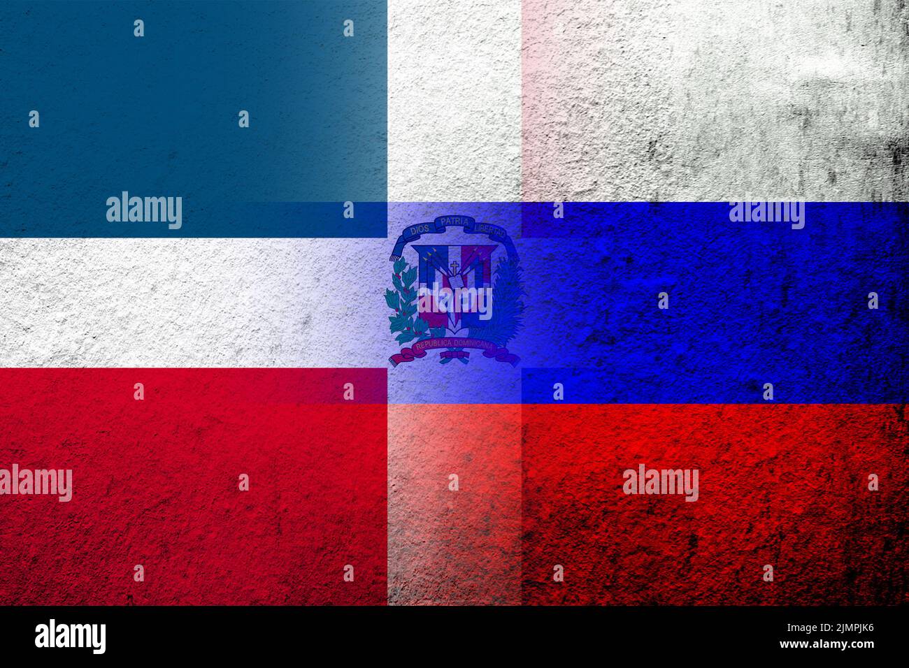 National flag of Russian Federation with National flag of Dominican Republic. Grunge background Stock Photo