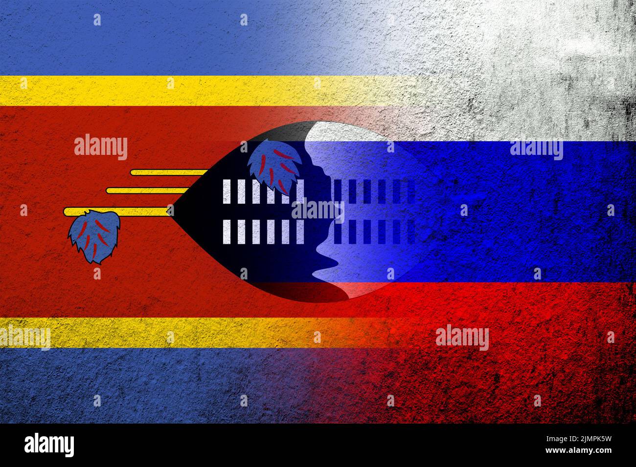 National flag of Russian Federation with The Kingdom of Eswatini Swaziland National flag. Grunge background Stock Photo
