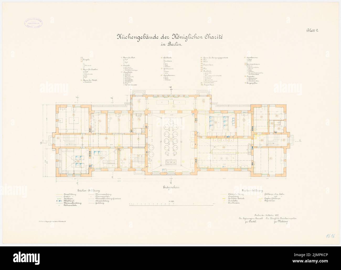 Diestel Georg (1854-1926), kitchen, machine and workshop building of the Charité, Berlin (1901): kitchen building: floor plan ground floor 1: 100. Lithograph colored on the box, 61.2 x 84.7 cm (including scan edges) Diestel Georg  (1854-1926): Küchen-, Maschinen- und Werkstättengebäude der Charité, Berlin Stock Photo