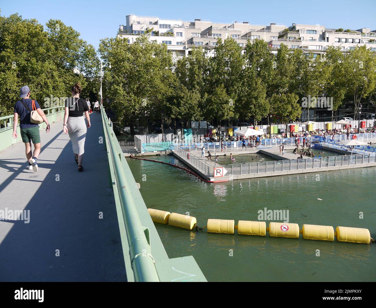 The free swimming pool installed in summer on the Bassin de la Vilette, north of Paris, during Paris-Plage Stock Photo