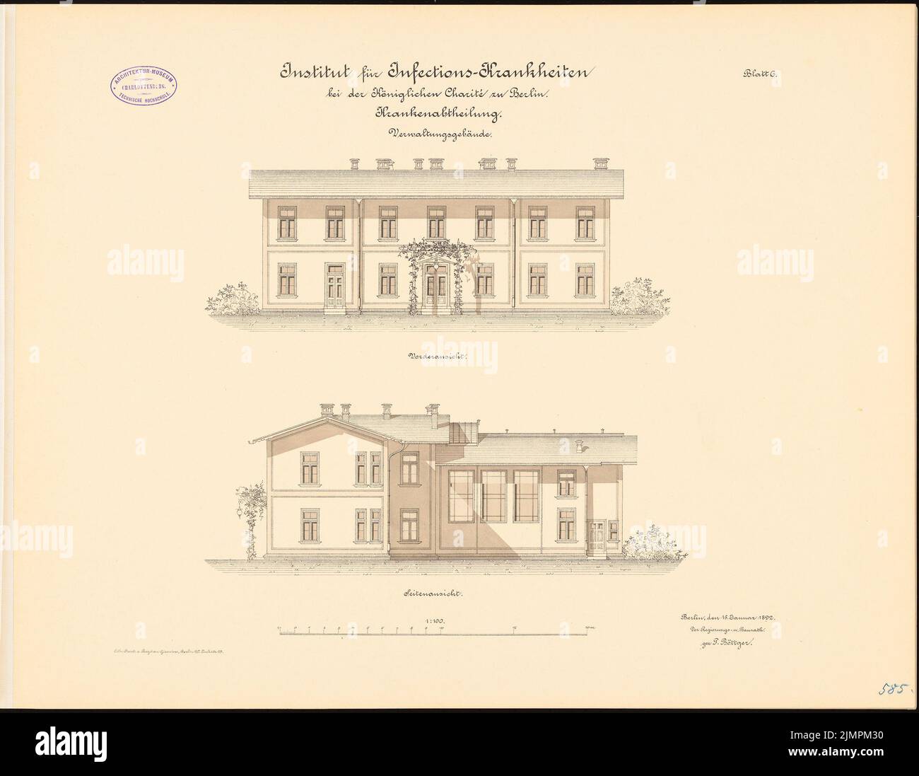 Böttger Paul (1851-1933), Institute for Infectious Diseases of the Charité, Berlin (1891-1892): Hospital department, administrative building: front view, side view 1: 100. Lithograph colored on the box, 48.5 x 62.5 cm (including scan edges) Böttger Paul  (1851-1933): Institut für Infektionskrankheiten der Charité, Berlin Stock Photo