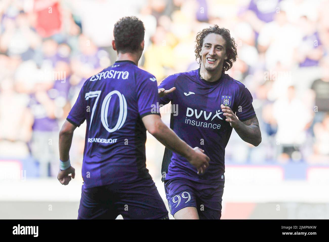 Anderlecht's Fabio Silva celebrates after scoring during a soccer match between RSCA Anderlecht and RFC Seraing, Sunday 07 August 2022 in Anderlecht, Brussels, on day 3 of the 2022-2023 'Jupiler Pro League' first division of the Belgian championship. BELGA PHOTO BRUNO FAHY Stock Photo