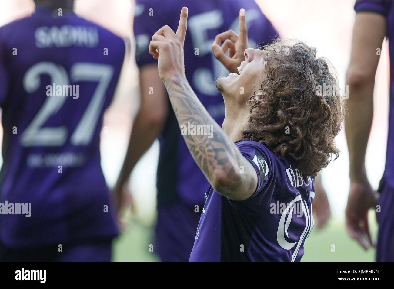 Anderlecht's Fabio Silva celebrates after scoring during a soccer match between RSCA Anderlecht and RFC Seraing, Sunday 07 August 2022 in Anderlecht, Brussels, on day 3 of the 2022-2023 'Jupiler Pro League' first division of the Belgian championship. BELGA PHOTO BRUNO FAHY Stock Photo