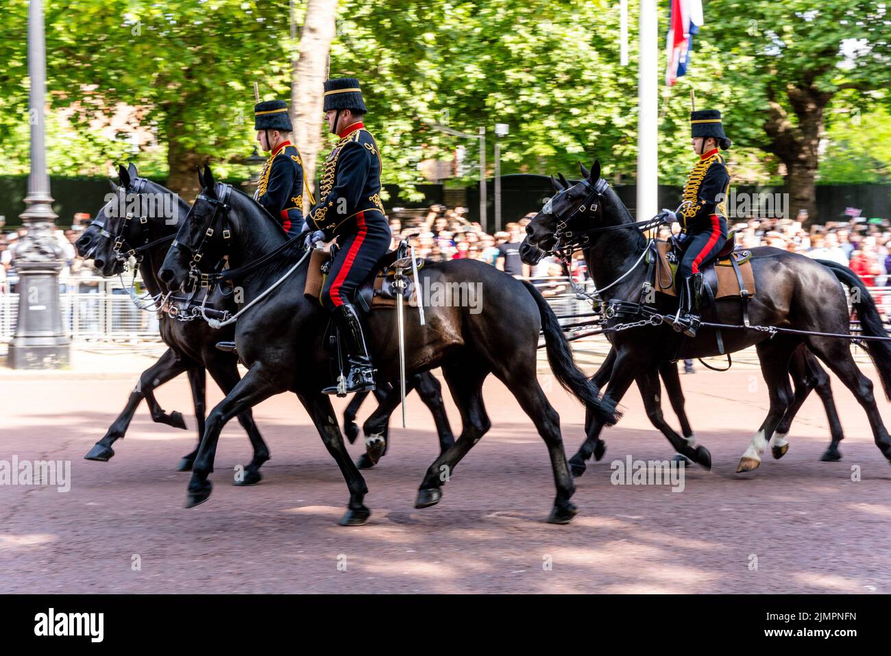 A Group Of Mounted Soldiers Take Part In The Queen's Birthday Parade During The Queen's Platinum Jubilee Celebrations, The Mall, London, UK. Stock Photo